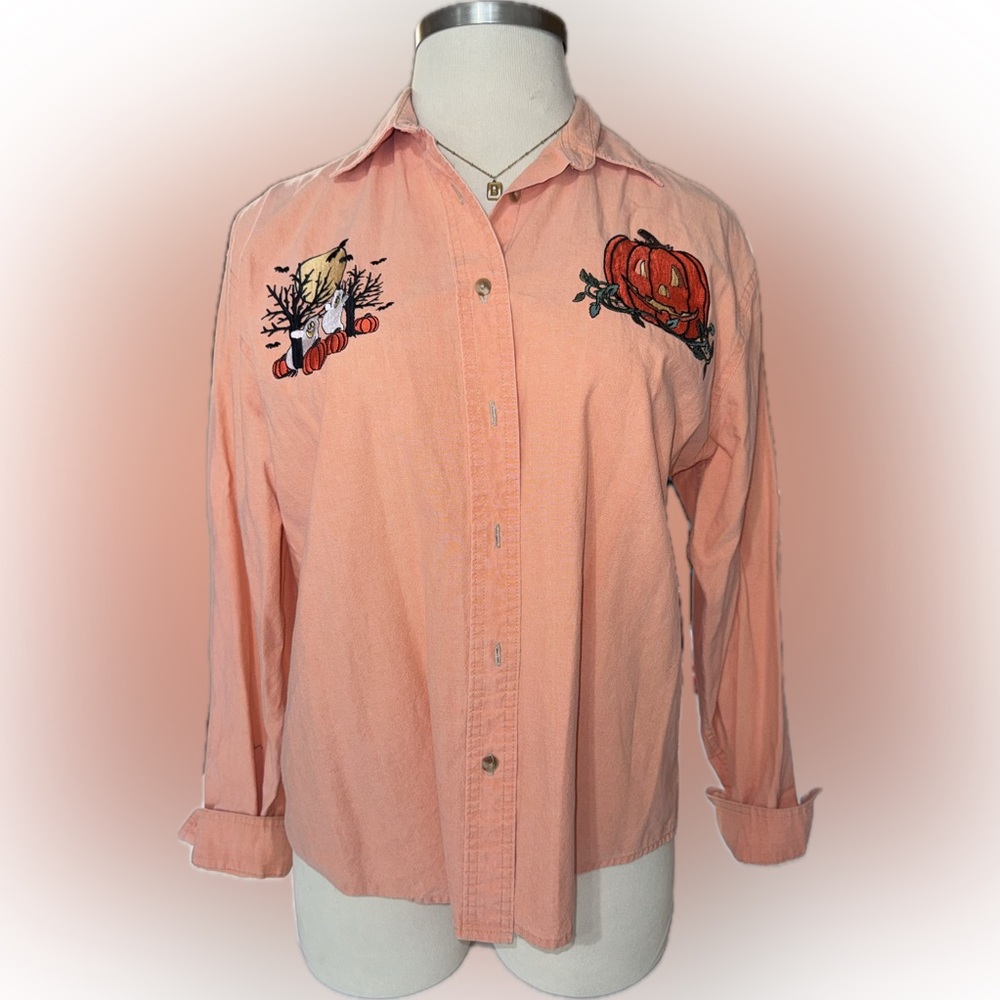 Vintage Crystals Spring Peach Button-Up Shirt with Halloween Pumpkin Embroidery